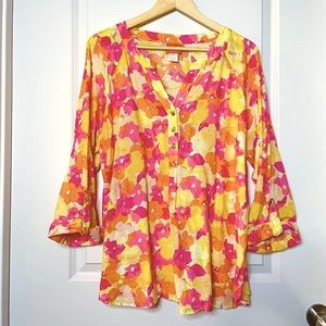 Orange Pink and Yellow Floral Top with Gold Button Accents